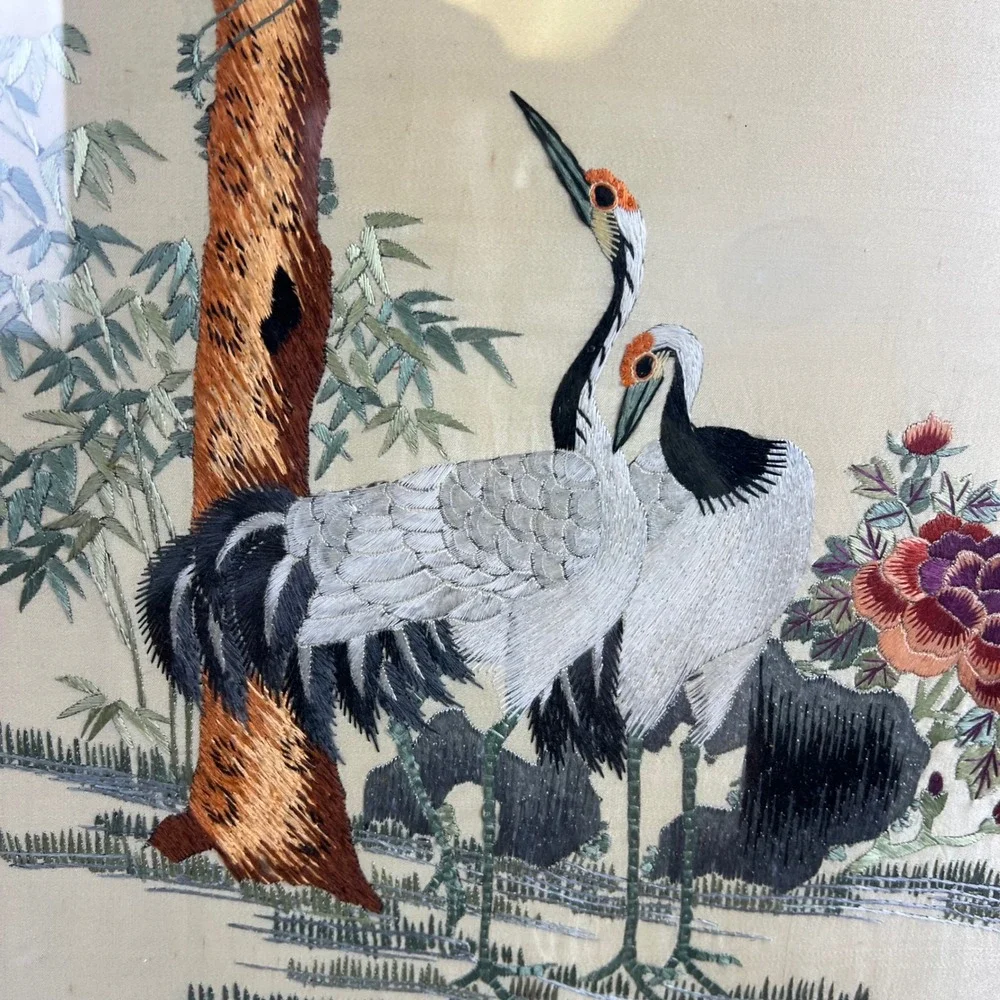 Vintage Chinese Silk Hand Embroidered Crane Pine Tree Framed Art 14x21 Excellent